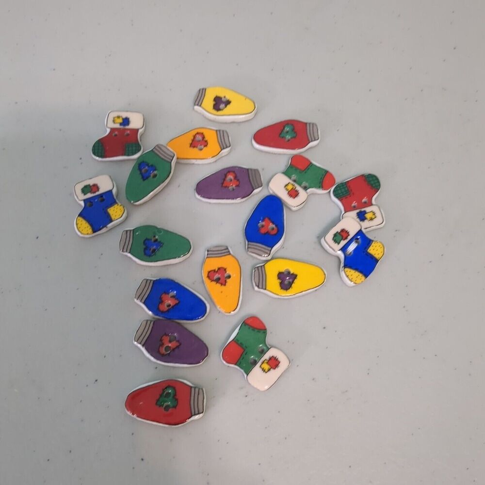 Trena's Trinkets Ceramic Buttons Christmas Stockings Green Red Yellow